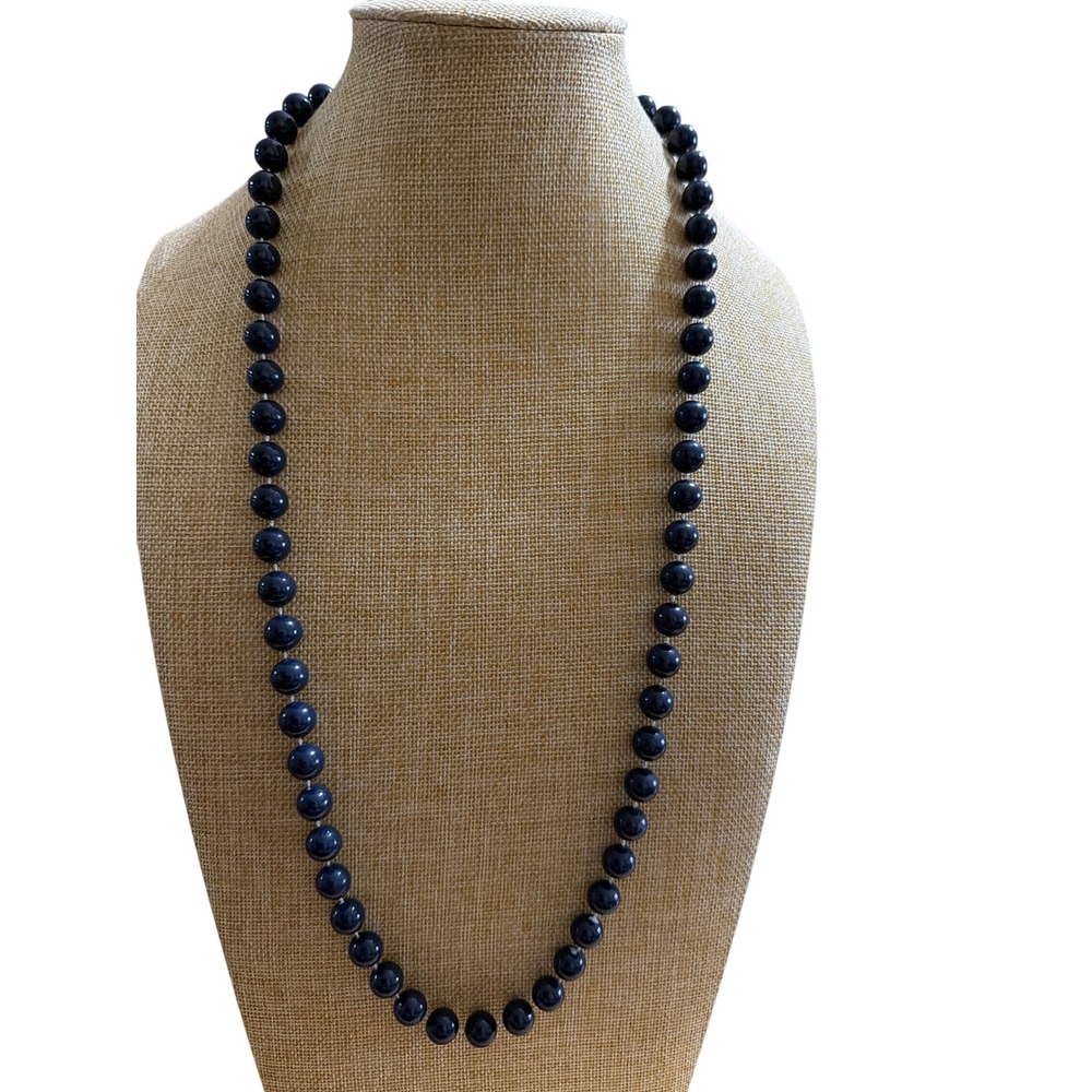 Vintage Navy Blue Round Bead Necklace Single Strand Silver Tone Layering Classy